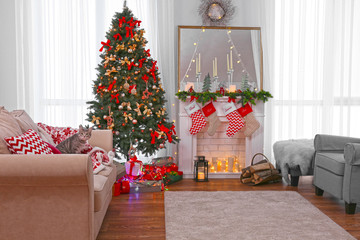 Interior of beautiful living room decorated for Christmas