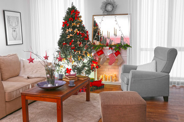 Interior of beautiful living room decorated for Christmas