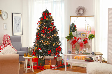 Interior of beautiful living room decorated for Christmas