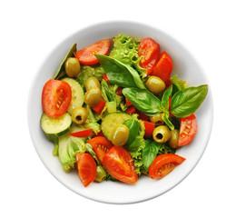 Tasty vegetable salad in plate on white background