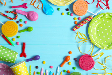 Bright birthday background with sweets and decorations