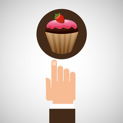 hand with delicious cupcake strawberry chocolate vector illustration eps 10