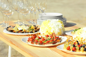 Table setting for buffet catering party, close up view