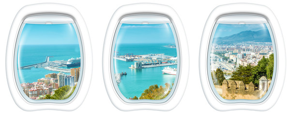 Three plane windows on port of Malaga from the Gibralfaro Castle, Andalusia, Spain, from a plane on the porthole windows. Copy space.