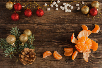 Christmas Background. Tangerines. Mandarins. Horizontal.