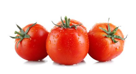 Pile of fresh ripe tomatoes isolated on white