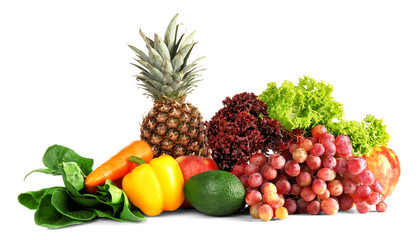 Collection of fruits and vegetables on white background