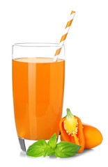 Glass with cocktail and fresh bell pepper on white background