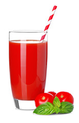 Glass with tomato juice on white background