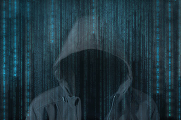 Hacker at work with graphic user interface around