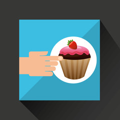 hand with delicious cupcake strawberry chocolate vector illustration eps 10