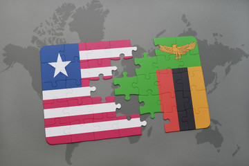 puzzle with the national flag of liberia and zambia on a world map