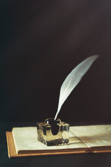 Feather pen with inkwell and open notebook on dark background