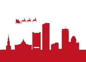 santa flying over the city of boston