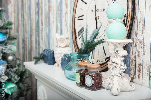 &quot;Christmas holiday background. Mint colors wallpaper and candles&quot; Stock