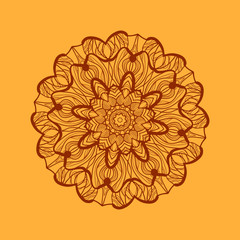 Mandala-like coloring work texture. Hand-drawn new-age pattern round lace. Abstract vector tribal ethnic yoga yantra background tile on henna color background