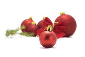 Christmas tree decoration: baubles, ribbons isolated on white ba