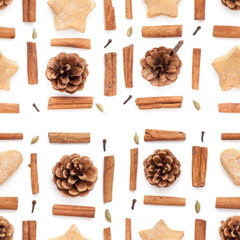Pine cone, cinnamon, cookies christmas collection set on white