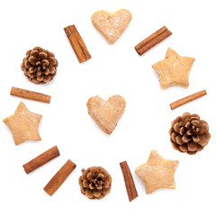 Pine cone, cinnamon, cookies christmas collection composition set on white