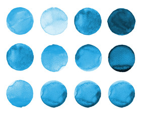 Set of blue watercolor hand painted circle isolated on white. Illustration for artistic design. Round stains, blobs