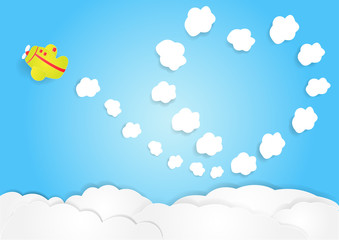 plane fly in sky with cloud in heart shape, vector, copy space for text, illustration, paper art and origami style