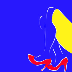 High heels with red shoes, yellow skirt line art illustration on blue background | female fashion sensuality art 