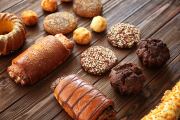Bakery products on wooden table