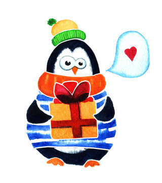 Cute penguin with gift dreams about love. Cartoon babies and little kids. Watercolor illustration isolated on white background