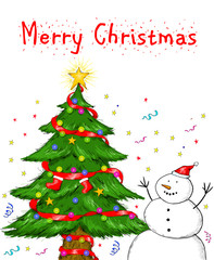 Decorated Christmas Tree Snowman White Background