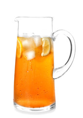 Glass jug of iced tea with lemon slices on white background