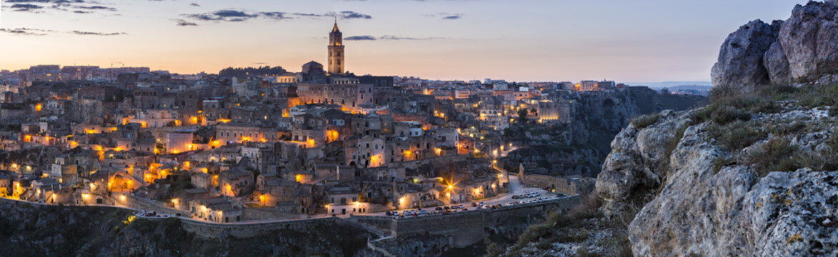 View of old town at dusk, Sassi di Matera, Basilicata, Italy