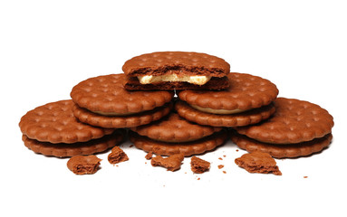 Tasty cookies with crumbs on white background