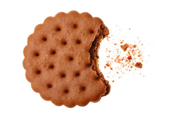 Tasty cookie with crumbs on white background