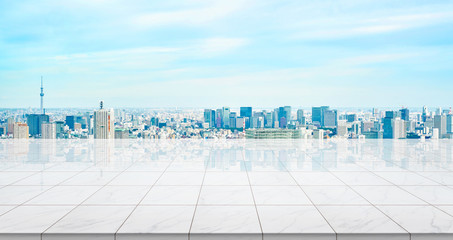 Business concept - Empty marble floor top with panoramic sky view of mountain under sunrise and morning blue bright sky for display or montage product