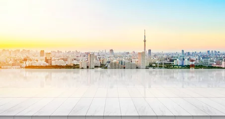 Rolgordijnen Business concept - Empty marble floor top with panoramic sky view of mountain under sunrise and morning blue bright sky for display or montage product © voyata