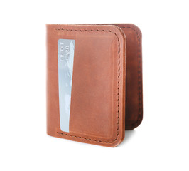 Brown leather wallet with credit card isolated on white