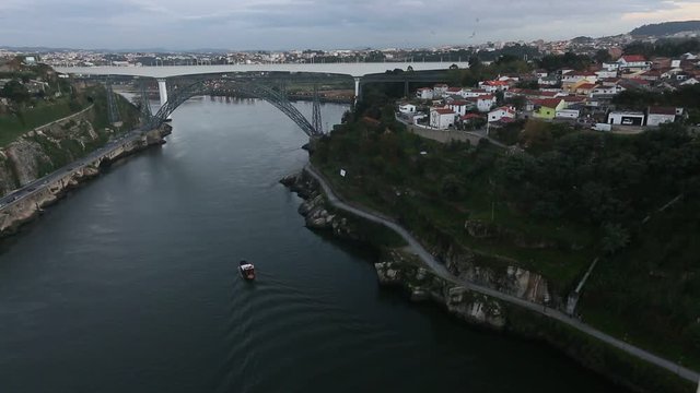 Twilight view on the bank of the Dora river in Porto, Portugal.