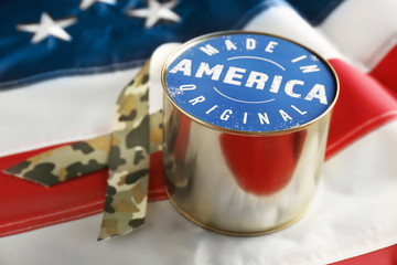 Canned food on American flag. Made in America