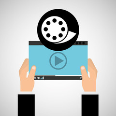 hand holds digital player film reel vector illustration eps 10