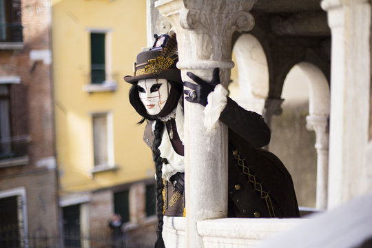 Venetian masks at the Bovolo Palace, Venice, Italy