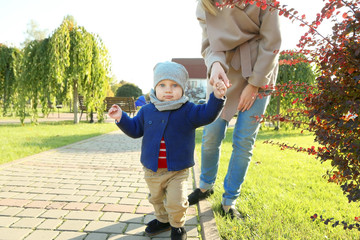 Fototapeta premium Adorable toddler boy learning to walk outdoors with mother's hand in park, childhood development and family support, moment of growth and bonding between parent and child in a natural