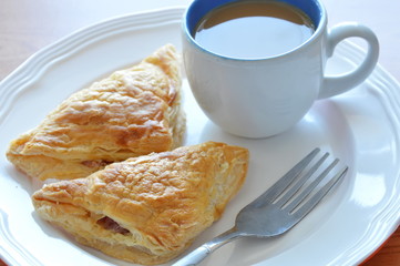 crispy pork sausage pie eat couple with coffee on plate