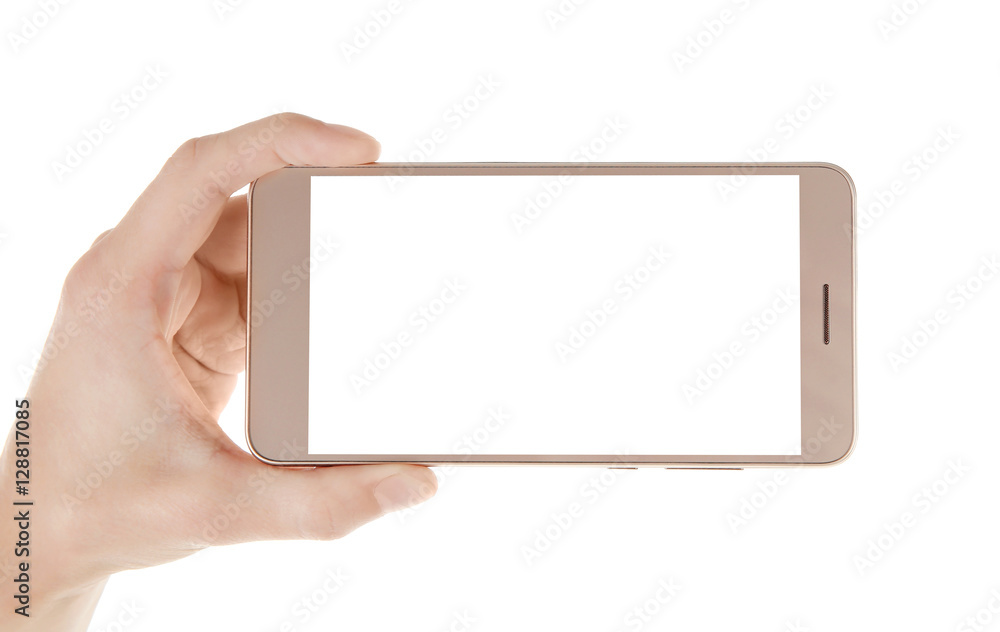 Canvas Prints Hand holding smart phone on white background