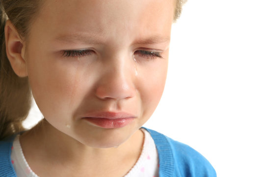 Portrait of crying little girl on white background, close up view