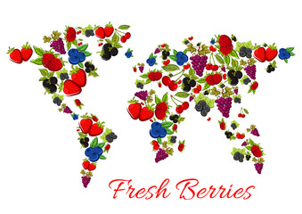 Berries fruits in vector shape of world map