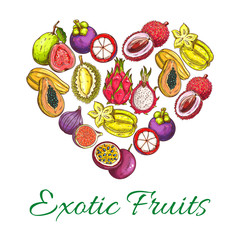Exotic fresh fruits vector poster in heart shape