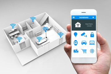 Internet of things , iot , smart home and network connect concept. Human hand holding white phone and smart home application with 3d rendering room and wifi icons