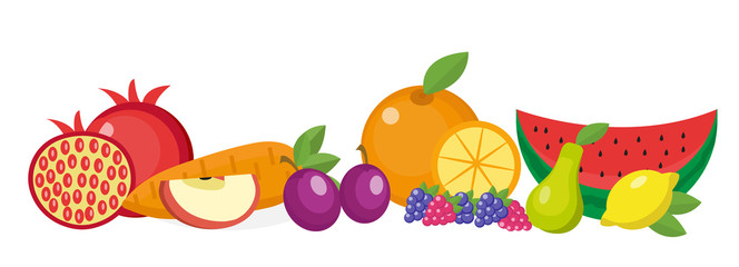 Fruits still life, isolated on white background. Fruit horizontal banner. Fruit set. Vector illustration