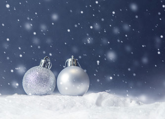 Christmas white balls and snowflake on abstract background holiday, copy space, Winter