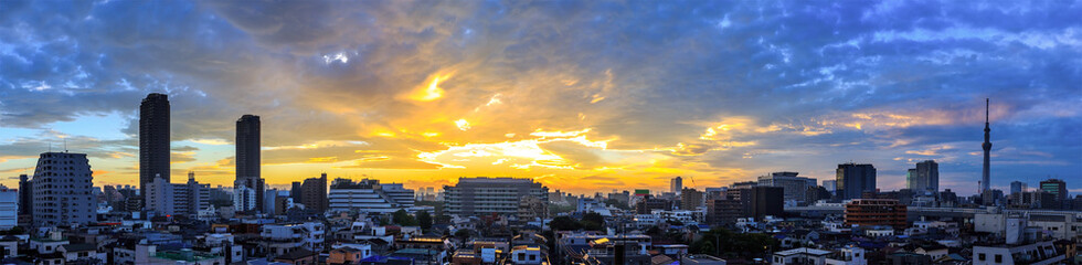 Fototapeta premium Sunset over building in Tokyo , Japan at dusk with light